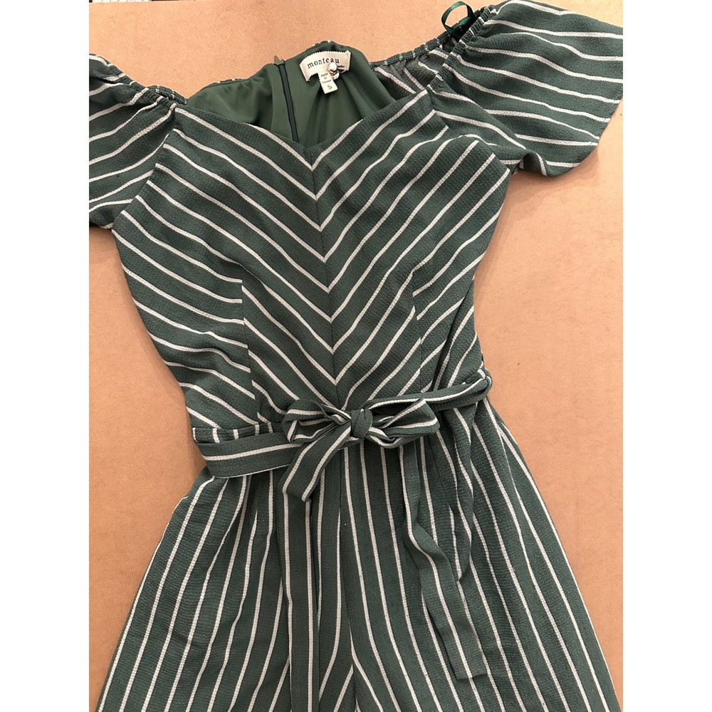 Monteau Womens Green Striped Off Shoulder Wide Leg Jumpsuit Size S Belted Lined - Picture 4 of 11